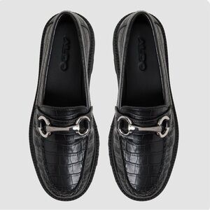 ALDO Black Croc-Embossed Leather Bit Loafers with Silver Hardware